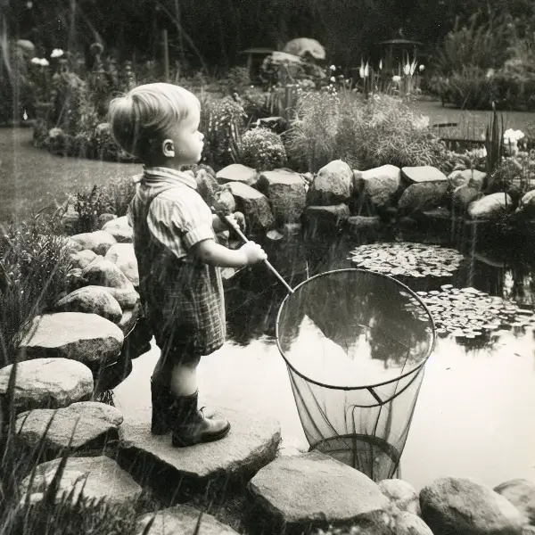 Black and White photo of me holding a net over my parents garden pond