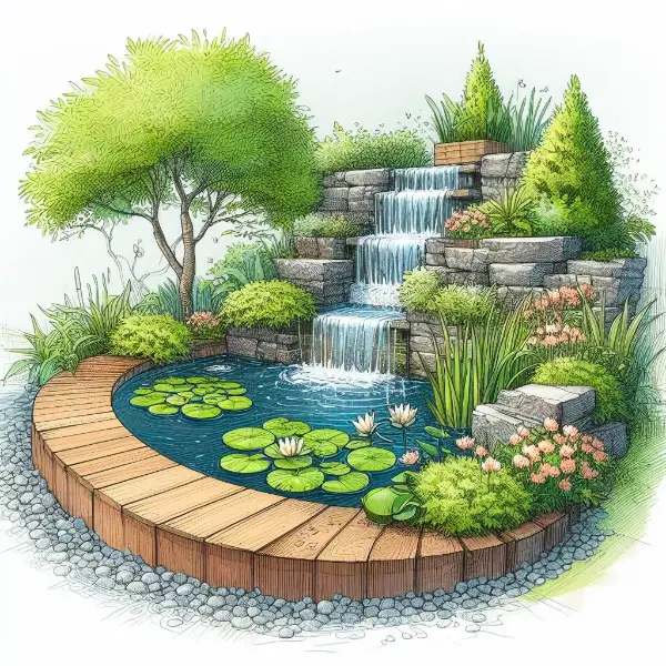 Drawing of a garden pond with bonsai trees and bricks