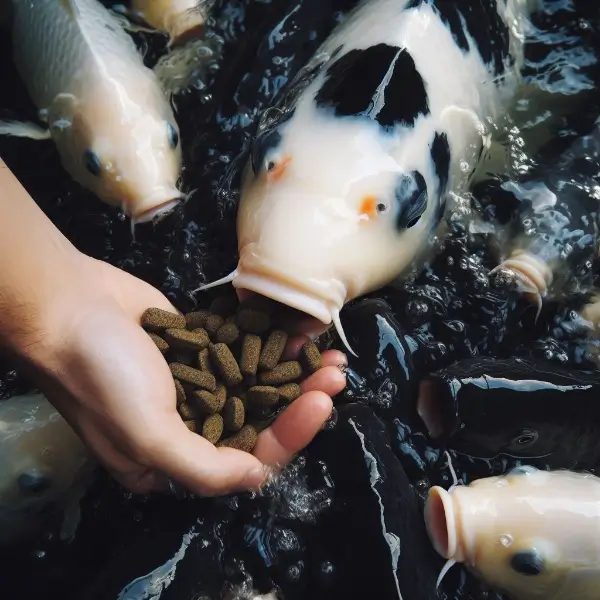 Black and White Koi Fish being hand fed pellets