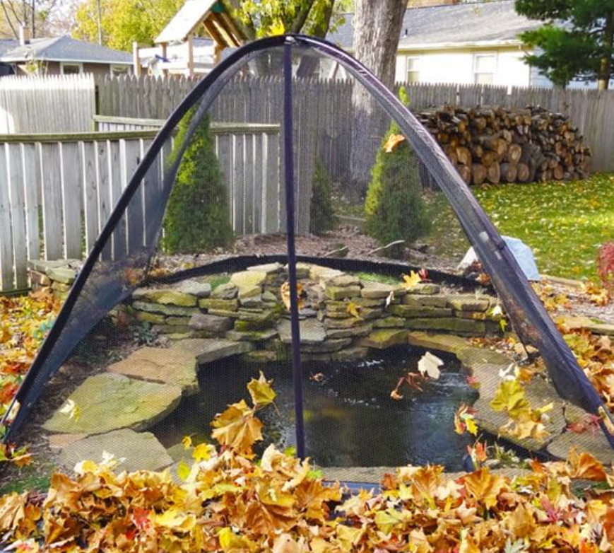 Photo of a Pond Popup Net covering a garden pond with lots of leaves on the floor
