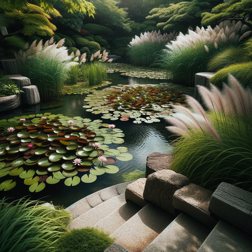 photo of a garden pond with steps leading down
