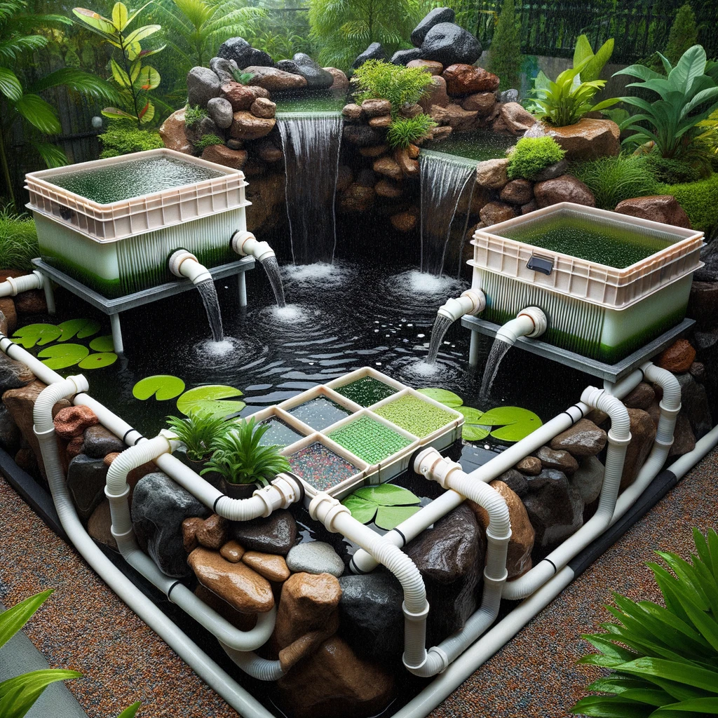 artists impression of multiple filter boxes on a garden pond