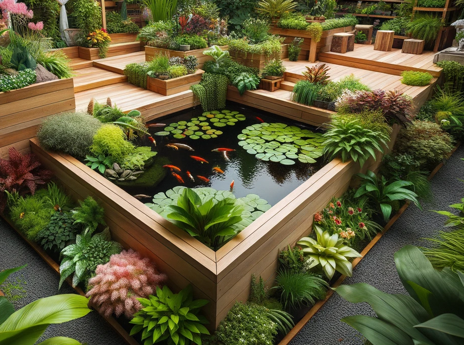 photo of a raised garden pond with greenery and koi fish