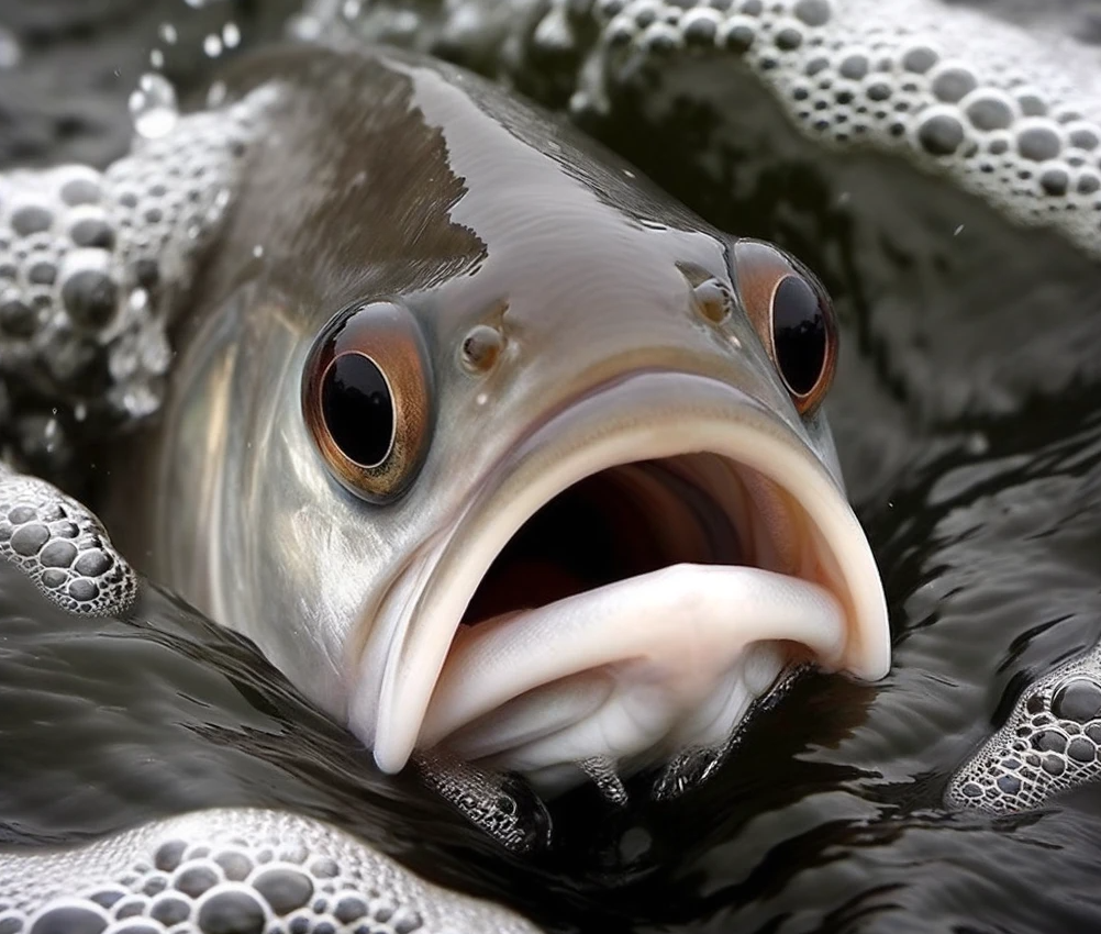 photo of a fish on the surface of a pond gasping for air