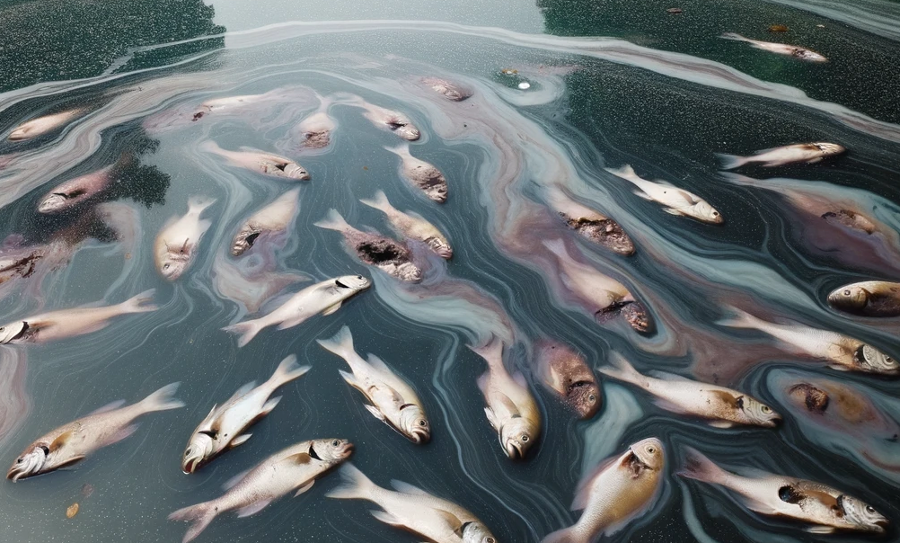 photo of a pond with multiple dead fish cuased by ammonia & nitrate poisoning