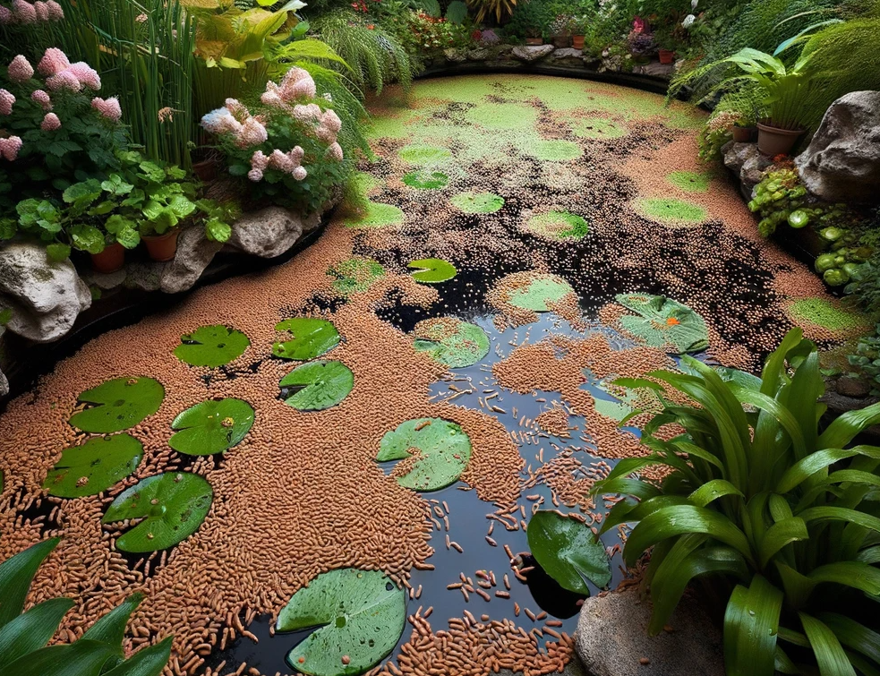 photo of a garden pond with excessive overfeeding of fish pellets