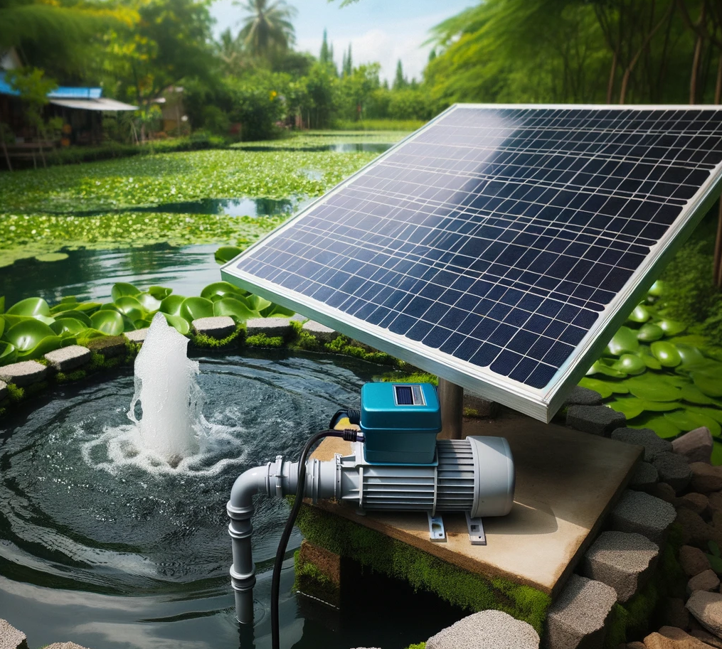 phopto of a solar powered pond pump next to a garden pond with lily pads
