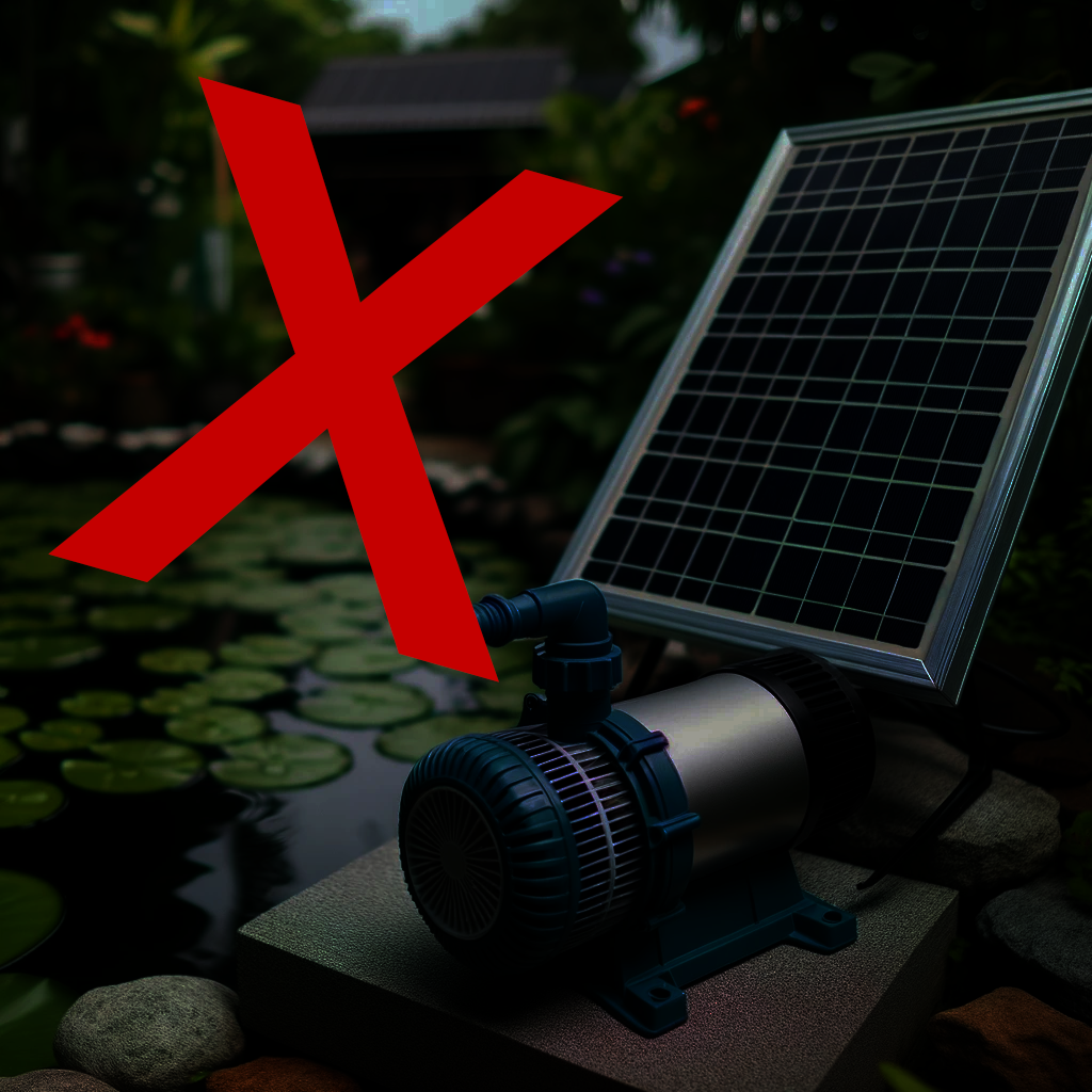 photo of a solar powered pond pump at night with a red cross
