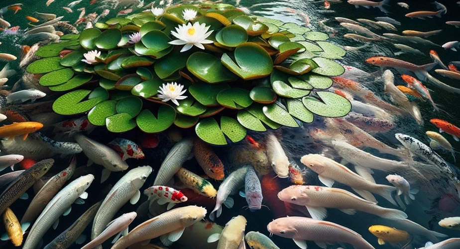 photo of an overcrowded garden pond filled with koi fish