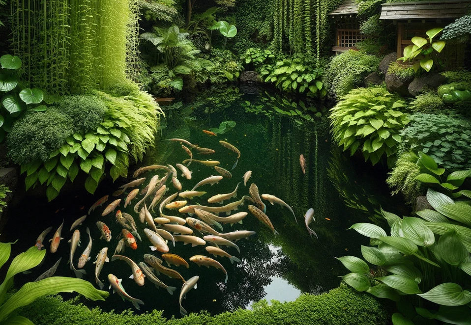 fish all gathering in the corners of a garden pond