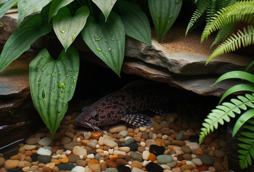 stressed fish hiding in a cave of a garden pond