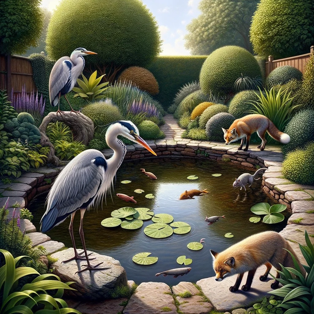 image of a garden pond showing multiple different predators such as a heron, fox or rat