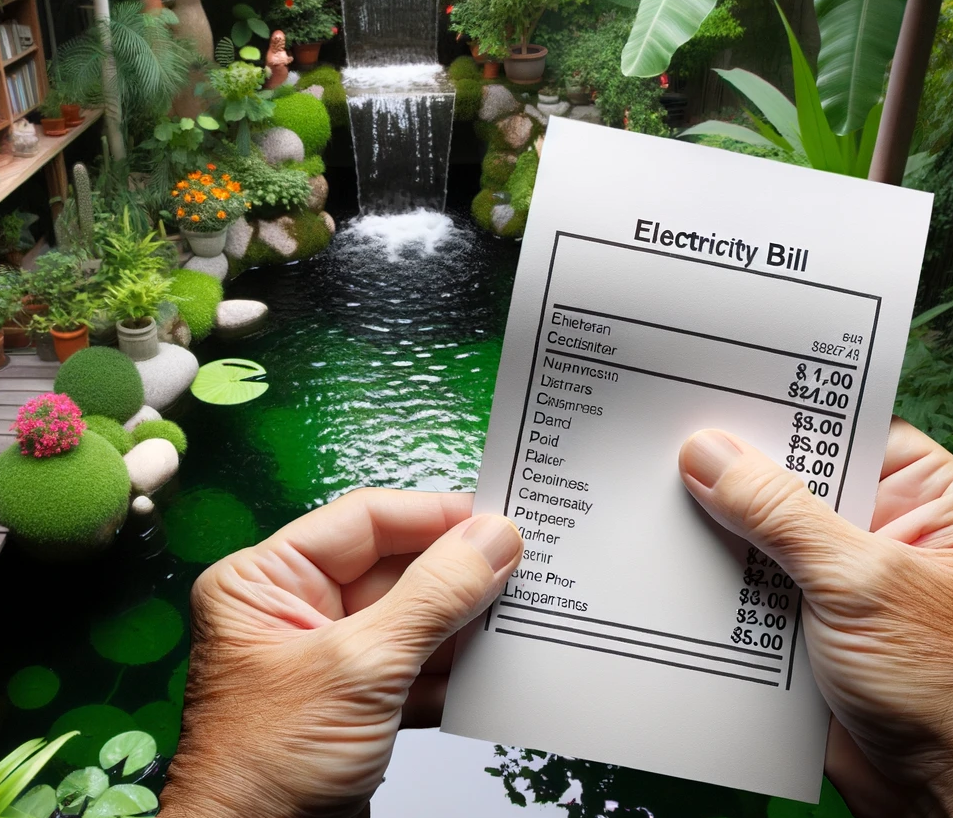 photo of somebody holding an electricity bill in front of their garden pond