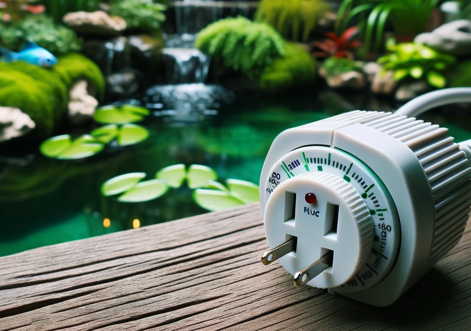 photo of an electric plug timer in front of a garden pond