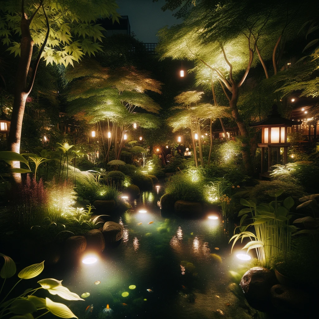 photo of a garden pond at night with garden lights
