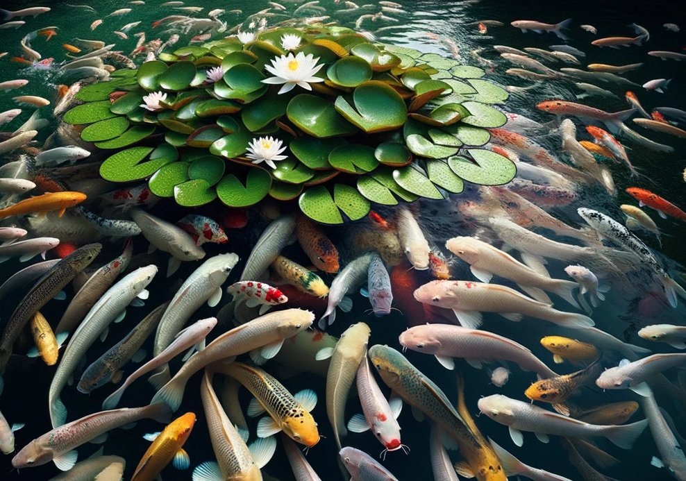 photo of a garden pond with too many fish