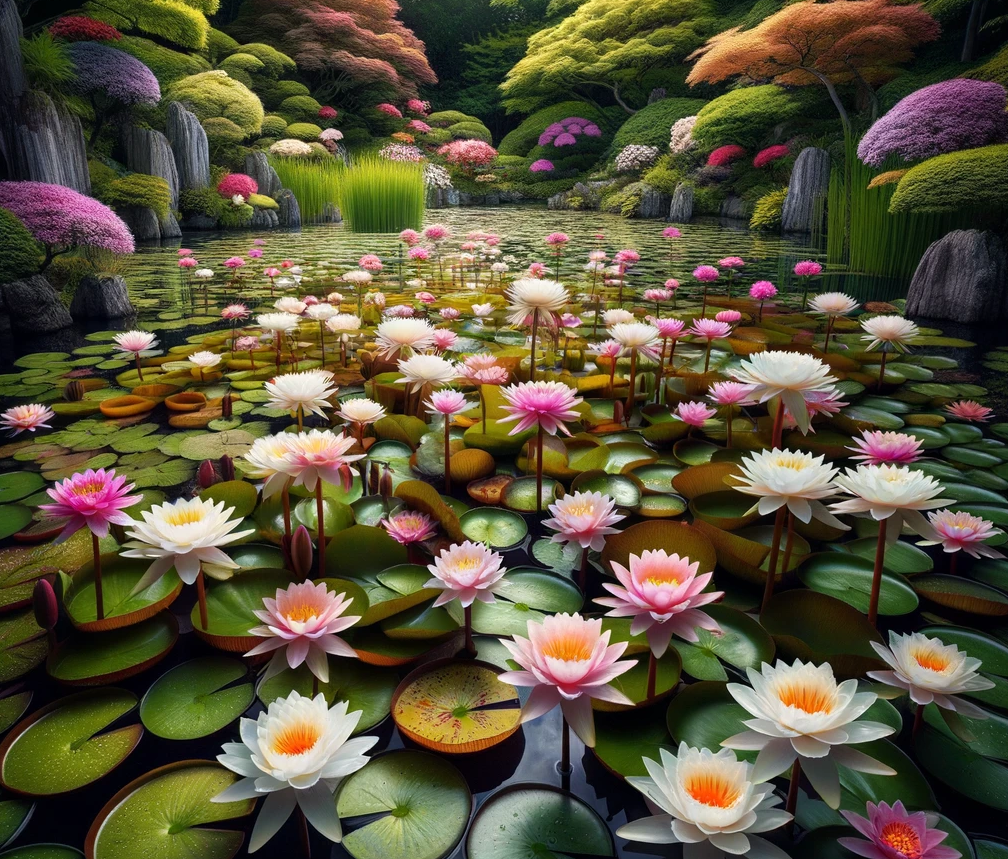 image of a garden pond with lots of lily plants